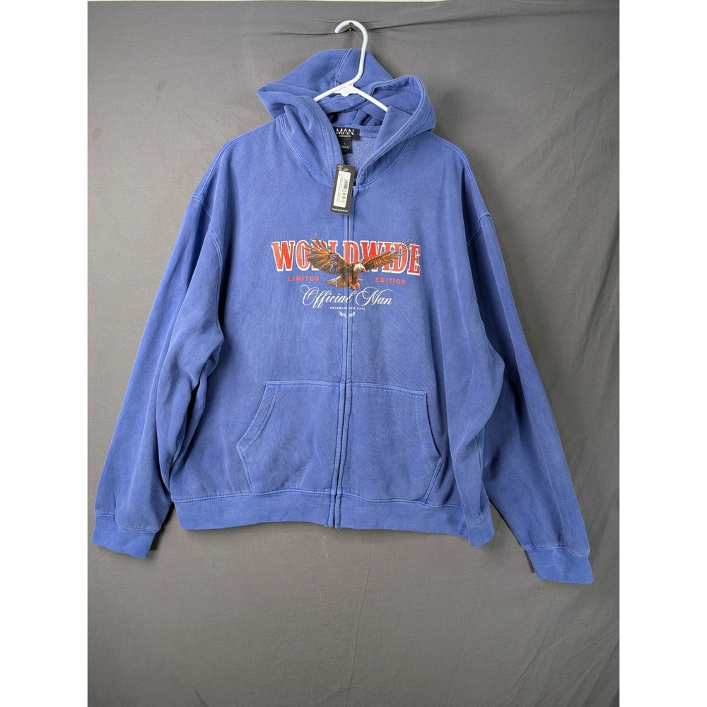 BoohooMAN Worldwide Eagle Graphic Zip Up Hoodie Blue XL